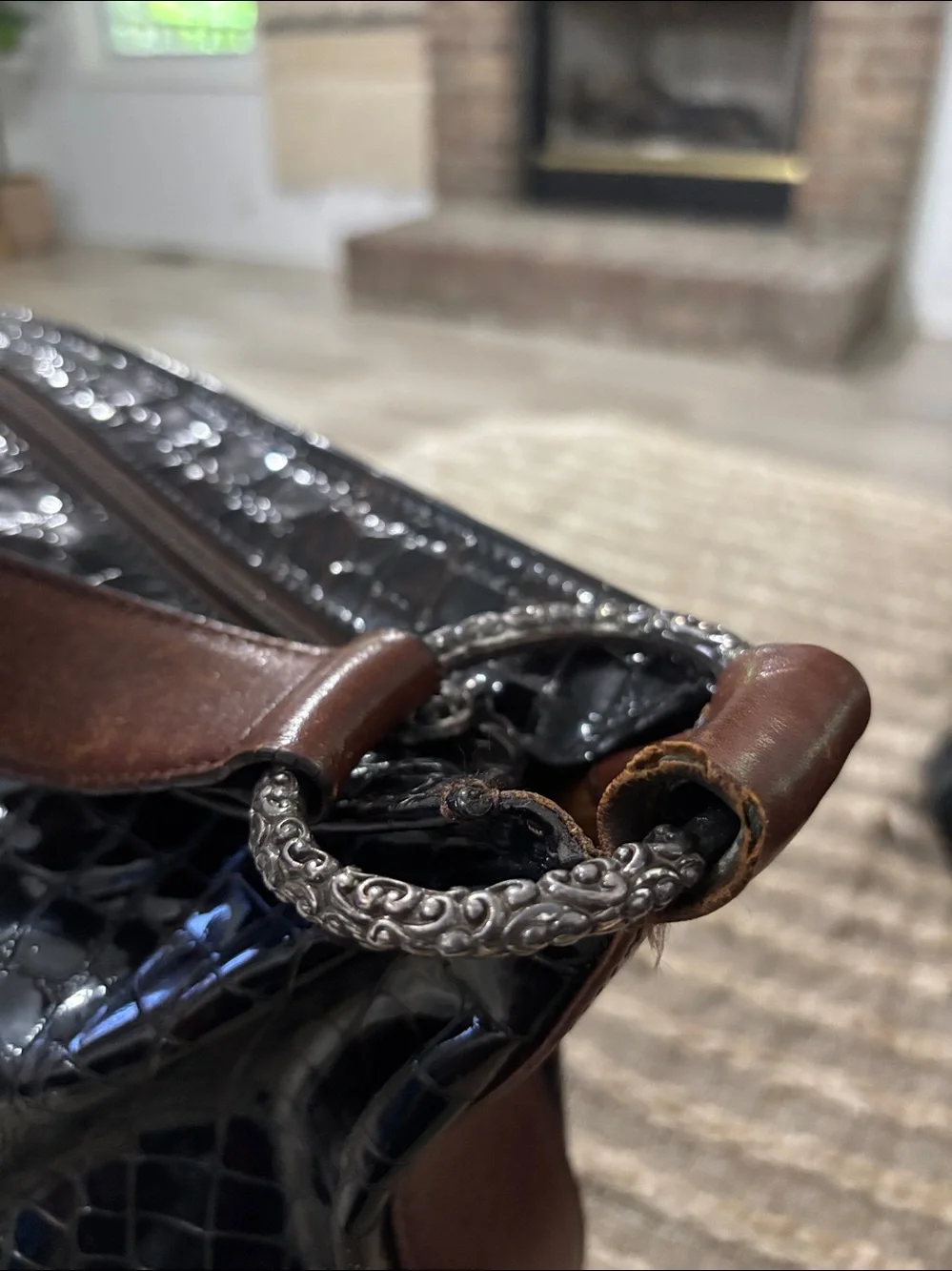 Brighton Croc- Embossed Glossed Dark Brown Large‎ Ring Leather Shoulder Tote Bag